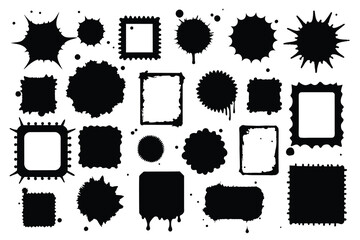 Set of grunge stencil frames with splatters, hand drawn and halftone elements. Texting boxes. Vector template collection