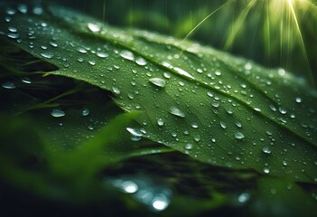 葉っぱについた水滴と太陽の光