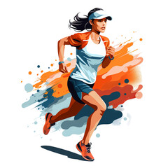 A female runner in a white tank top and blue shorts is running with a determined expression on her face. She has a colorful streak behind her.