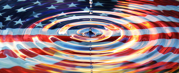 Abstract American flag reflected in water, symbolizing patriotism, freedom, democracy. Distorted flag depicts fluid American identity, droplets signify individual impact. Evokes national pride, resili