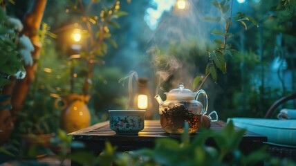 vapor of sleep-inducing herbal tea rises in the cool evening air, emphasizing relaxation and wellness