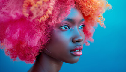 High detailed portrait of young african american female with Dyed Multi Colors Hair hairstyle and brighty make-up on vibrant Red wall. Modern teens expressional serene outlook