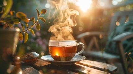 vapor of sleep-inducing herbal tea rises in the cool evening air, emphasizing relaxation and wellness
