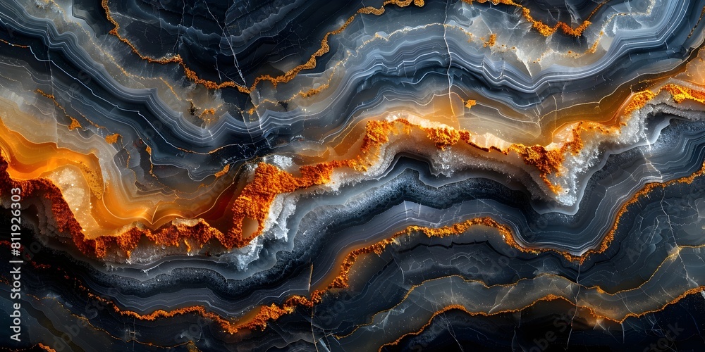 Poster dramatic onyx-like marble swirls with fiery orange and glowing metallic accents in a seamless abstra