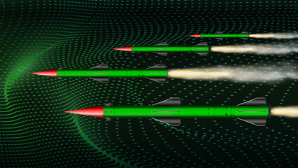 Futuristic wallpaper of rocket missiles launch with dots and light effects
