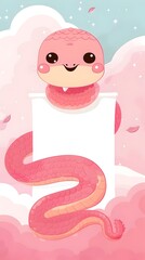 Cute Pink Snake with Floral Moon and Clouds in Vibrant Fantasy