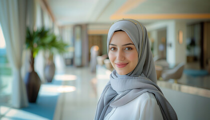 Young woman wearing hijab smiles warmly in well-lit and elegant indoor setting. Her eyes convey confidence and kindness, enhancing her friendly demeanor with soft hotel hall background.