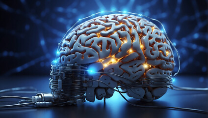 A electronic metal human brain with wires attached connected to computer, electronic brain interface and circuitry visible in head
