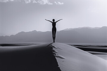 Silhouette of lonely graceful woman on sandy dune admiring mountainous landscape at sunset. She enjoying wide beautiful desert view with  risen arms. Perfect place for meditation or inspirational.