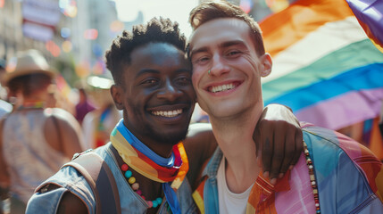 Cheerful friends gay men at the pride parade, lgbtq community