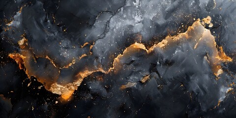 Dramatic Cosmic Fractal Landscape Formed by Weathered and Decaying Black Marble Textures with Golden Highlights