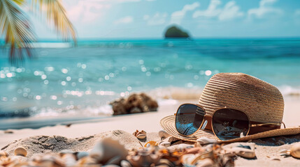 Straw hat and sunglasses on a beach.