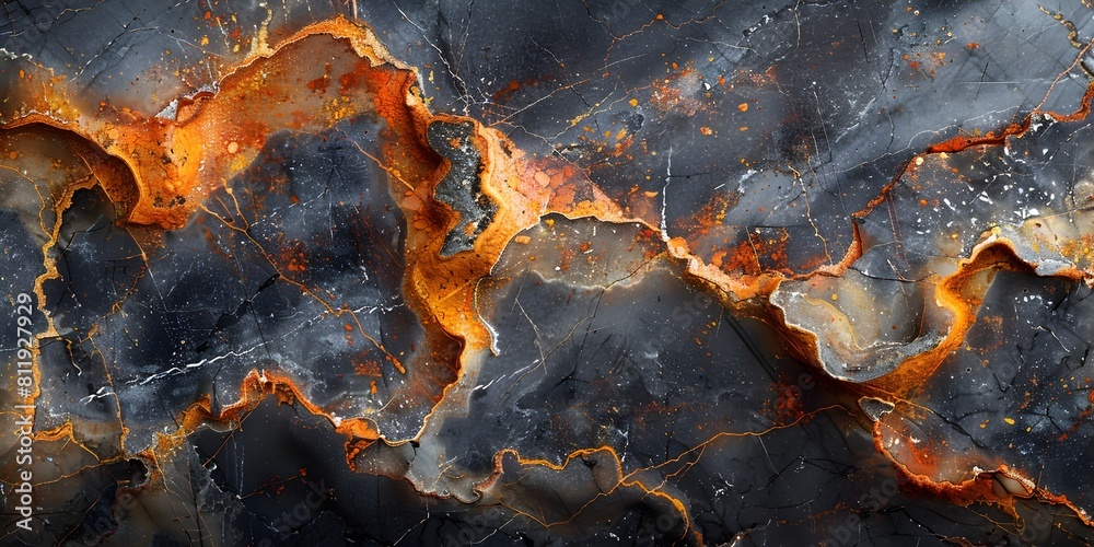 Aufkleber Fiery Geological Formations in Black Marble Backdrop - Dynamic Natural Patterns and Textures in Dramatic Earthy Tones