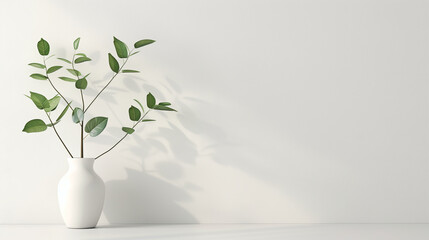 Minimalist white background with a vase and plant leaves. Mockup for design, branding or presentation