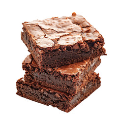 A stack of three chocolate brownies on a white background.