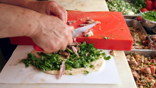 Traditional Turkish Offal Food Kelle Sogus, boiled beef meat, tongue, cheek. Turkish street food.