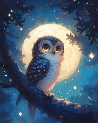 Owl in moonlight, watercolor, mysterious eyes, soft feathers, night sky, frontal view, mystical forest , minimalist