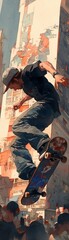 Skateboarding in urban park, watercolor, dynamic tricks, summer day, eye level, action shot , realistic watercolor