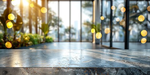 Bokeh effect in a marble-topped office decor. Generative Ai