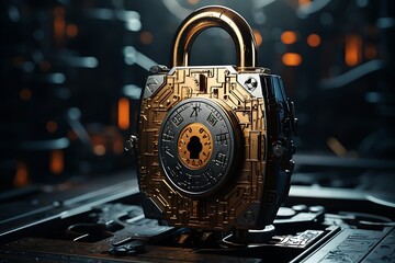 Fototapeta na wymiar Gold padlock on a dark background. Cyber security concept. 3D Rendering