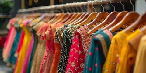 Indian Ladies' Fashion Clothes Exhibited on Hangers. Generative Ai