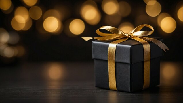 Elegant black gift box with a golden ribbon on a warm bokeh background, AI-generated.