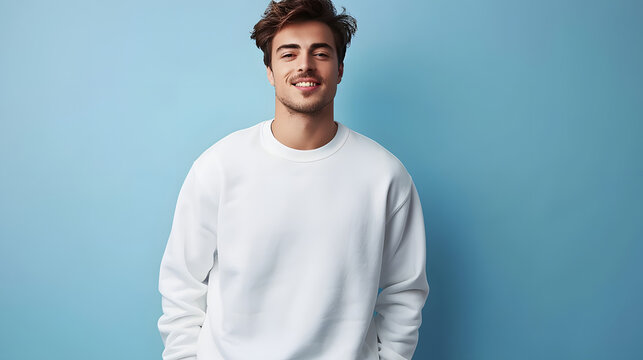 Young man wearing white sweatshirt mockup, at blue background. Design pullover template, print presentation mock-up.&nbsp;