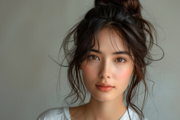 Woman with messy top knot hairstyle against light grey minimalist blank background with copy space