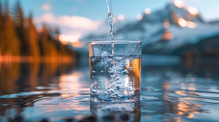 Pouring water into a glass on a background of mountains and blue sky, copy space. © Ajay