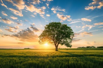 Fototapeta premium Photo of a lone tree in the middle of an open field at sunset 