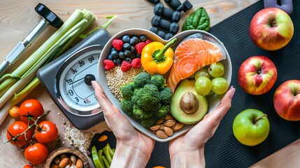Healthy eating concept with hands holding a heart-shaped dish filled with nutritious foods. Fresh and colorful dietary choices. Lifestyle and wellness. AI