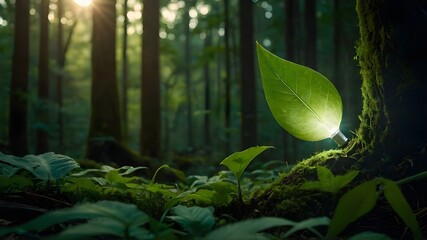 Green Energy Bulb with Leaf Emblem: Illuminating Sustainability Amidst Lush Forest, Eco-Friendly Lighting: Embracing Green Energy Bulbs in the Heart of the Forest, Nature's Light: Exploring Green 