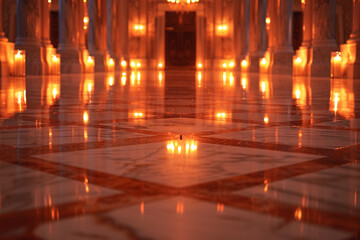 Elegant marble flooring reflecting soft candlelight in a grand ballroom.