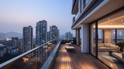 Modern balcony with wooden flooring and glass walls offering city views, creating an elegant urban retreat in the heart of highrise district.
