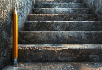 Stairs with pencil symbolize business effort, challenge, achievement, and success