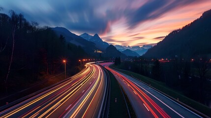 Stunning Twilight Sky over Busy Highway, Mountainous Landscape, Long-Exposure of Traffic Lights. Artistic Outdoor Photography. AI