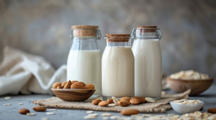 Celebrate World Vegetarian Day with some delicious and healthy organic drinks like almond milk in a glass jar and nuts on jute These earth friendly options are not only zero lactose and non