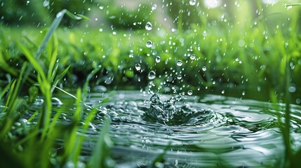 Water splash on green background, Crystal clear water, World Water Day, Copy space.