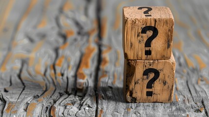 One wooden blocks with question mark symbols on them, one resting atop the other, against a light grey background on an old wood table. 

