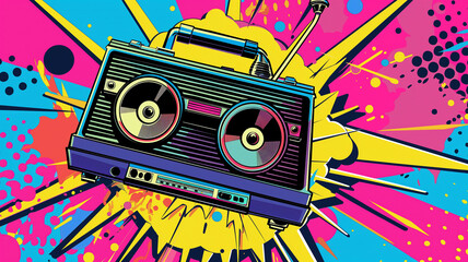 Pop art comic colorful retro audio cassette on a vivid geometric background. Colorful background in pop art retro comic style. Old-fashioned fun style