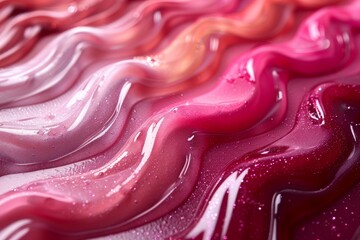 Close-up of glossy red and pink lipgloss swatches with vibrant colors and shiny texture, highlighting the beauty and elegance of professional makeup products.