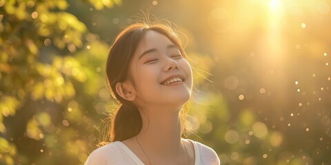 Fototapeta premium Asian Woman with Eyes Closed Relaxing in Sunlight, Representing Tranquility and Joy