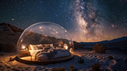 luxurious bed set in a remote location for stargazing before sleep, under a transparent dome