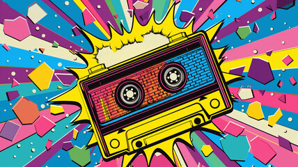 Pop art cassette audio tape.. Colorful background in pop art retro comic style.