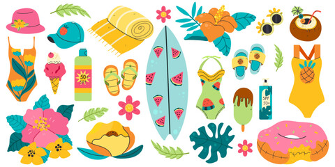 Big summer set for sticker. Icons, signs, banners. Beach party poster. Collection elements for summer holiday.