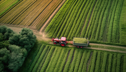 Tractor aerial view carying green crops, ensuring agricultural productivity. Farming equipment in action under golden sunlight in countryside. Agricultural spraying in morning light