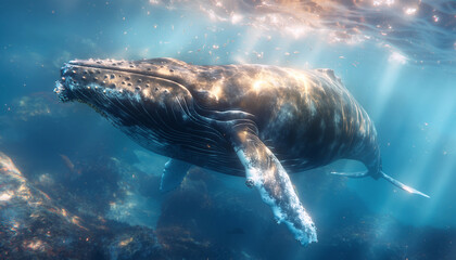 Underwater Elegance: A humpback whale’s journey through the deep blue ocean, illuminated by sunbeams, creating a serene and captivating scene. Beauty in Nature concept