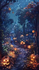 Enchanting Autumn Forest Path Lit by Glowing Pumpkins and Lanterns on a Mysterious Halloween Night