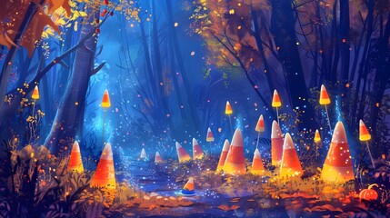 Enchanting Autumnal Forest with Glowing Mushrooms and Mystical Fireflies