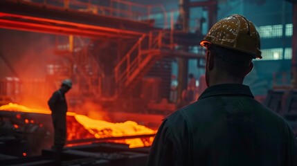 Steel mill worker looking at the molten metal being poured. Manufacturing industry, smelting, steel lathe a iron melter steel production in the factory